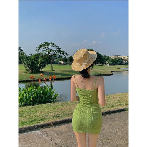 Chic Women Sleeveless Avocado Green Dress - Stretchy Bodycon Style Knitted Ruched Mini Dress w/ Halter Neck | Elegant Basic Fashion Piece
