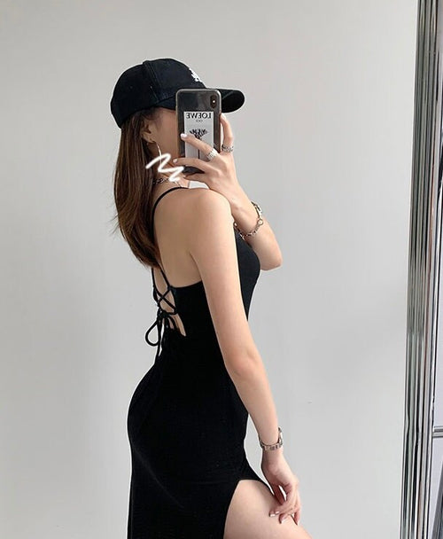 Women Sleeveless Midi Dress -Stretchy Bodycon Cotton Split Hem Pencil Backless Dress w/ Halter Neck & Strappy Tie Back|Elegant Basic Fashion