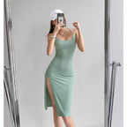 Women Sleeveless Midi Dress -Stretchy Bodycon Cotton Split Hem Pencil Backless Dress w/ Halter Neck & Strappy Tie Back|Elegant Basic Fashion