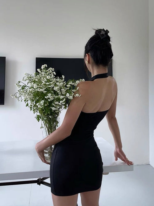 Elegant Chic Women Sleeveless Mini Dress - Sexy Bodycon Cotton Mini Dress w/ Cross Front Halter Neck | Elegant Basic Fashion