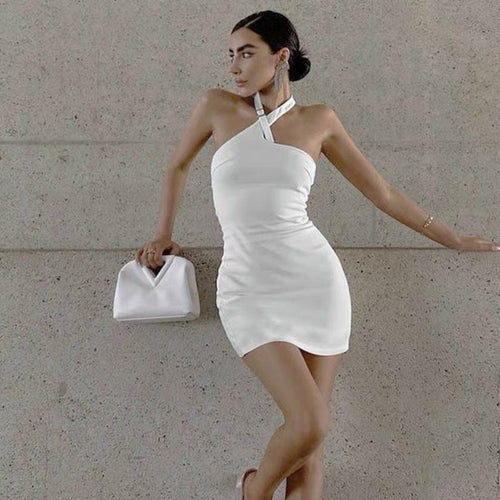 Elegant Chic Women Sleeveless Mini Dress - Sexy Bodycon Cotton Mini Dress w/ Cross Front Halter Neck | Elegant Basic Fashion