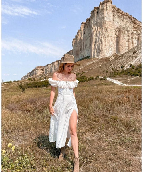 Women Smocked Puff Short Sleeves A-line Midi Dress - Square Neck Cut Out Cotton Split Hem Midi Dress w/ buttons | For Wedding&Casual