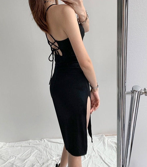 Women Sleeveless Midi Dress -Stretchy Bodycon Cotton Split Hem Pencil Backless Dress w/ Halter Neck & Strappy Tie Back|Elegant Basic Fashion