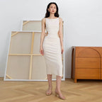 Women Sleeveless Midi Dress -Bodycon Cotton Split Hem Pencil Backless Dress w/ Halter Neck & Cut Out Side Belly | Elegant Basic Fashion
