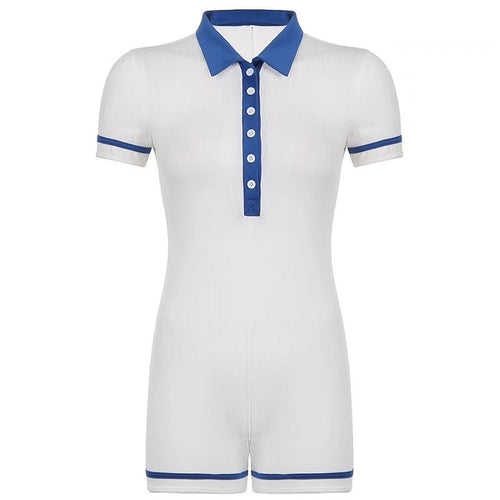 Sporty Women Short Sleeves Jumpsuit- Short Leg Length Polo Collar Tennis Deep V Cut Out Jumpsuit Jumpsuits | Sport Basic Fashion Piece