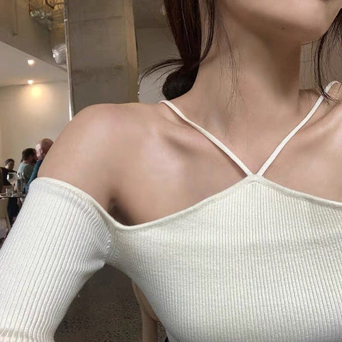 Women Long Sleeves Top - Front Cami Cross Halter Neck Knitted Off The Shoulder Ribbed Tops | Elegant Basic Fashion Piece