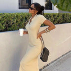 Chic Women Short Sleeves Polo Maxi Dress - Slim Fit Bodycon Cotton Split Hem Pencil Backless Dress w/ Tie Up  Elegant Basic Fashion Piece