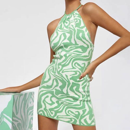 Chic Women Sleeveless Tie Dye Dress - Sexy Bodycon Style Cotton Mini Dress w/ Halter Neck & Tie Back | Elegant Basic Fashion Piece