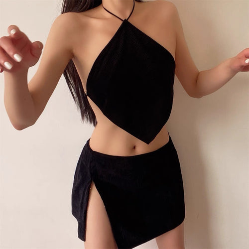 Two Pieces Set | Women Velvet Sleeveless Front Cross Hem Halter Crop Top & Mini Hem Split Skirt