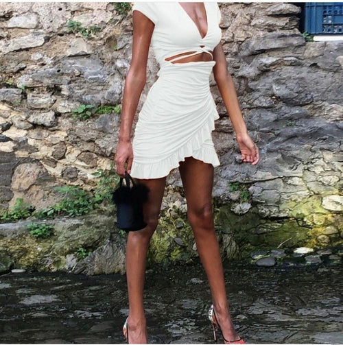 Chic Women Short Sleeve Mini Dress - Bodycon Cotton Ruched Backless Dress w/ Front Cross Strap & Cut Out Neck | Elegant Basic Fashion Piece