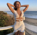 Chic Women Short Sleeve Mini Dress - Bodycon Cotton Ruched Backless Dress w/ Front Cross Strap & Cut Out Neck | Elegant Basic Fashion Piece