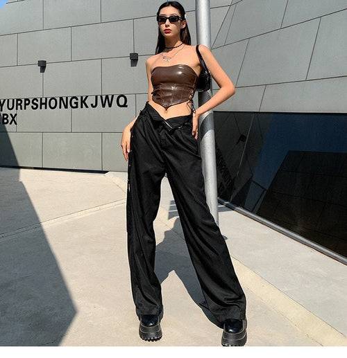 Elegant Women Sleeveless Tube Top - Side Strappy Shiny Leather Tube Cropped Tops | Elegant Basic Fashion Piece