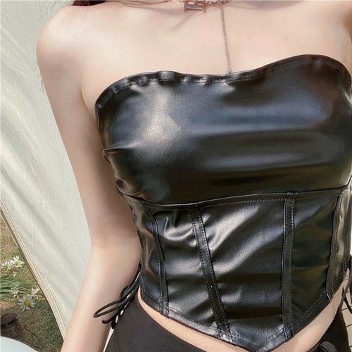 Elegant Women Sleeveless Tube Top - Side Strappy Shiny Leather Tube Cropped Tops | Elegant Basic Fashion Piece