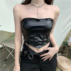 Elegant Women Sleeveless Tube Top - Side Strappy Shiny Leather Tube Cropped Tops | Elegant Basic Fashion Piece