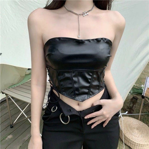 Elegant Women Sleeveless Tube Top - Side Strappy Shiny Leather Tube Cropped Tops | Elegant Basic Fashion Piece