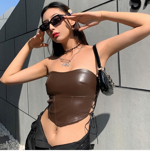 Elegant Women Sleeveless Tube Top - Side Strappy Shiny Leather Tube Cropped Tops | Elegant Basic Fashion Piece