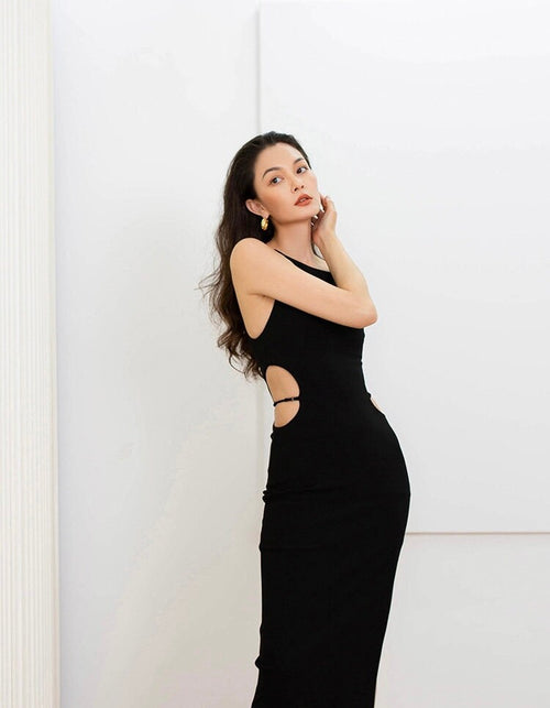 Women Sleeveless Midi Dress -Bodycon Cotton Split Hem Pencil Backless Dress w/ Halter Neck & Cut Out Side Belly | Elegant Basic Fashion