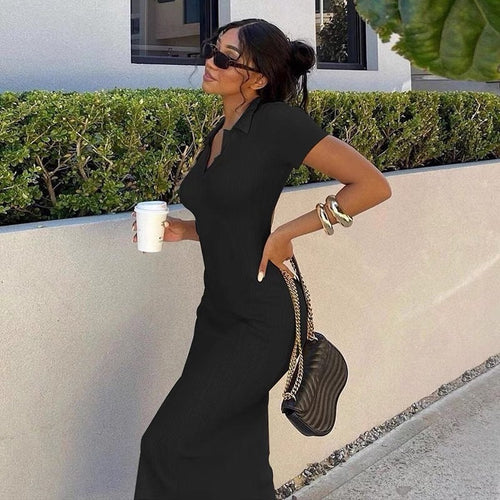 Chic Women Short Sleeves Polo Maxi Dress - Slim Fit Bodycon Cotton Split Hem Pencil Backless Dress w/ Tie Up  Elegant Basic Fashion Piece