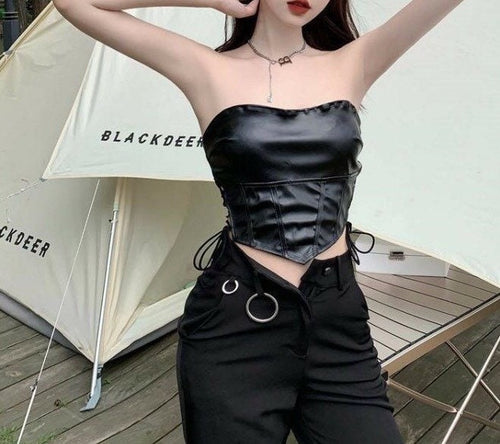 Elegant Women Sleeveless Tube Top - Side Strappy Shiny Leather Tube Cropped Tops | Elegant Basic Fashion Piece