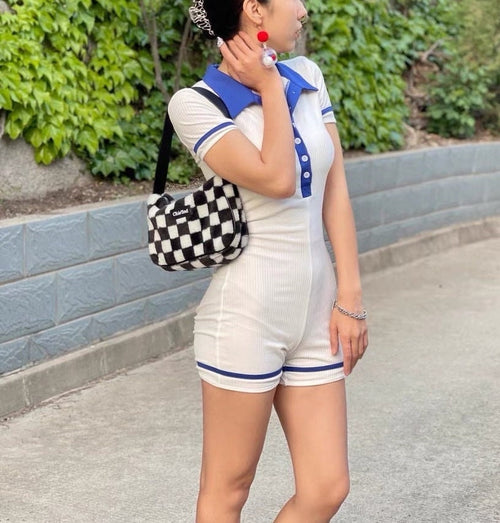 Sporty Women Short Sleeves Jumpsuit- Short Leg Length Polo Collar Tennis Deep V Cut Out Jumpsuit Jumpsuits | Sport Basic Fashion Piece