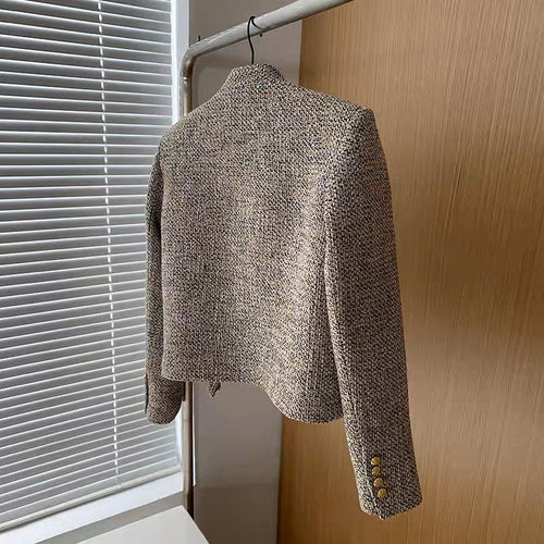 Brass Elegant Style Tweed Cropped Blazer Jacket - Trendy Single Breasted Outfit w/ Yellow Buttons for Winter| High Quality Short Suit Top