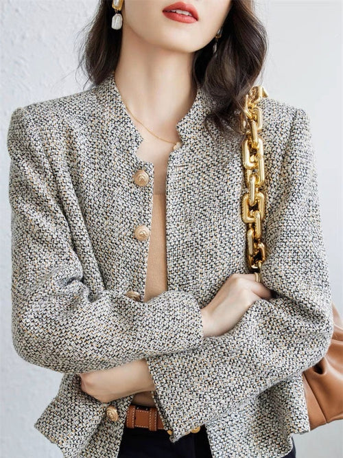 Brass Elegant Style Tweed Cropped Blazer Jacket - Trendy Single Breasted Outfit w/ Yellow Buttons for Winter| High Quality Short Suit Top