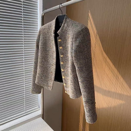 Brass Elegant Style Tweed Cropped Blazer Jacket - Trendy Single Breasted Outfit w/ Yellow Buttons for Winter| High Quality Short Suit Top