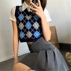 Elegant V Neck Sweater For Women- Vintage Argyle Cropped Mini Sleeveless Jumper Vest Knitted for Autumn and Winter | Preppy Back to School