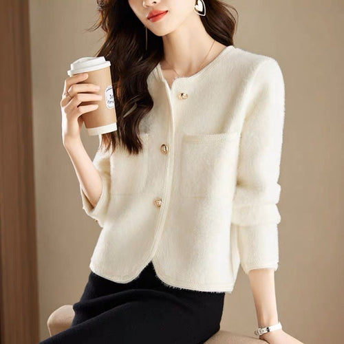 Women Elegant Scoop Neck Long Sleeves Cardigan – Knitted Cotton w/ Notched Buttons Cardigan Tops Jacket | Classic Basic Fashion