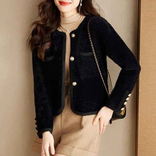 Women Elegant Scoop Neck Long Sleeves Cardigan – Knitted Cotton w/ Notched Buttons Cardigan Tops Jacket | Classic Basic Fashion