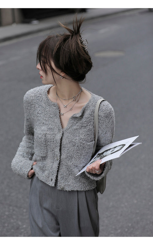 	 Women Scoop Neck Knitted Cardigan in grey