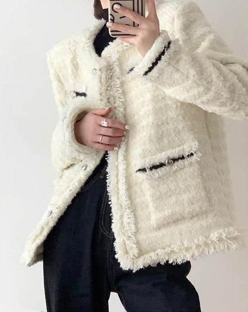 New White Elegant Style Tweed Blazer Jacket - Trendy Vintage Style Outfit| High Quality Short Suit Top