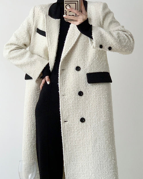 Elegant Tweed Trench Coat Jacket - Outerwear Outfit White&Black
