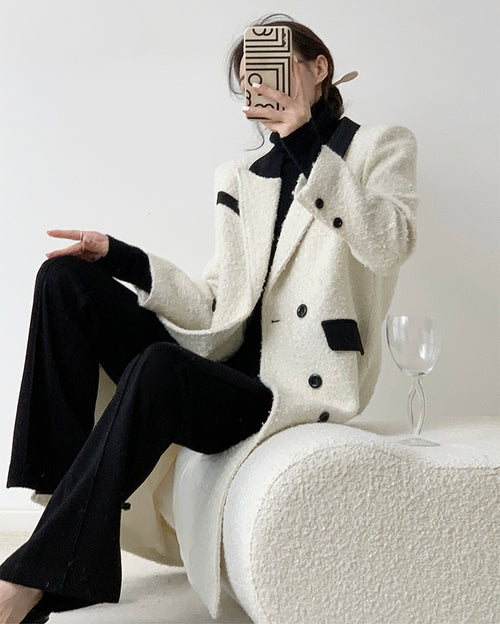 Elegant Tweed Trench Coat Jacket - Outerwear Outfit White&Black