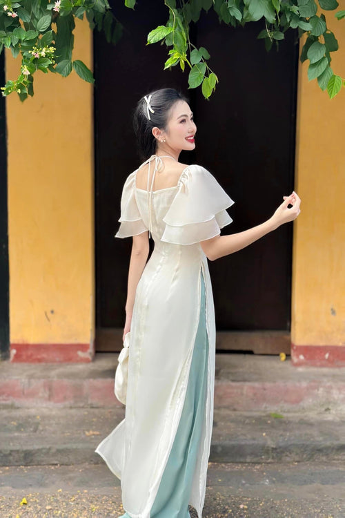 Ao Dai Van Lan / Elegant Midi Dress in Shiny Silk - Short Puff Sleeve w/ Halter Neck for Casual | Wedding Guest Dress Ao Dai