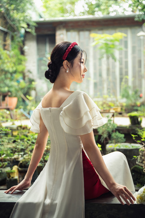 Ao Dai Ho Diep / Elegant Midi Dress in Shiny Silk - Short Sleeve Style w/ Square Neck for Casual | Wedding Guest Dress Ao Dai