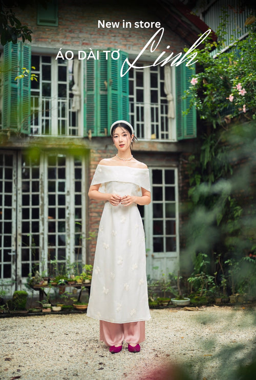 Ao Dai To Linh / Elegant Midi Dress in Shiny Silk - White Off-the-shoulder for Casual | Wedding Guest Dress Ao Dai