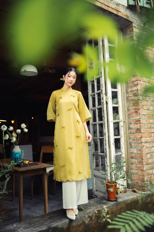 Ao Dai Nguyet Cat / Elegant Midi Dress in Shiny Silk - 3/4 sleeve style for Casual | Wedding Guest Dress Ao Dai