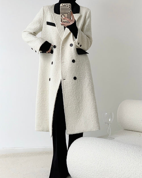 Elegant Tweed Trench Coat Jacket - Outerwear Outfit White&Black