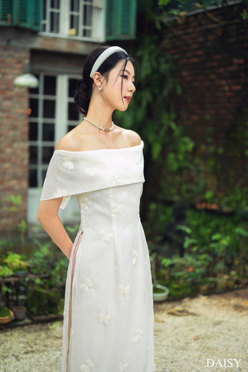 Ao Dai To Linh / Elegant Midi Dress in Shiny Silk - White Off-the-shoulder for Casual | Wedding Guest Dress Ao Dai