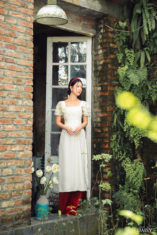 Ao Dai Ho Diep / Elegant Midi Dress in Shiny Silk - Short Sleeve Style w/ Square Neck for Casual | Wedding Guest Dress Ao Dai