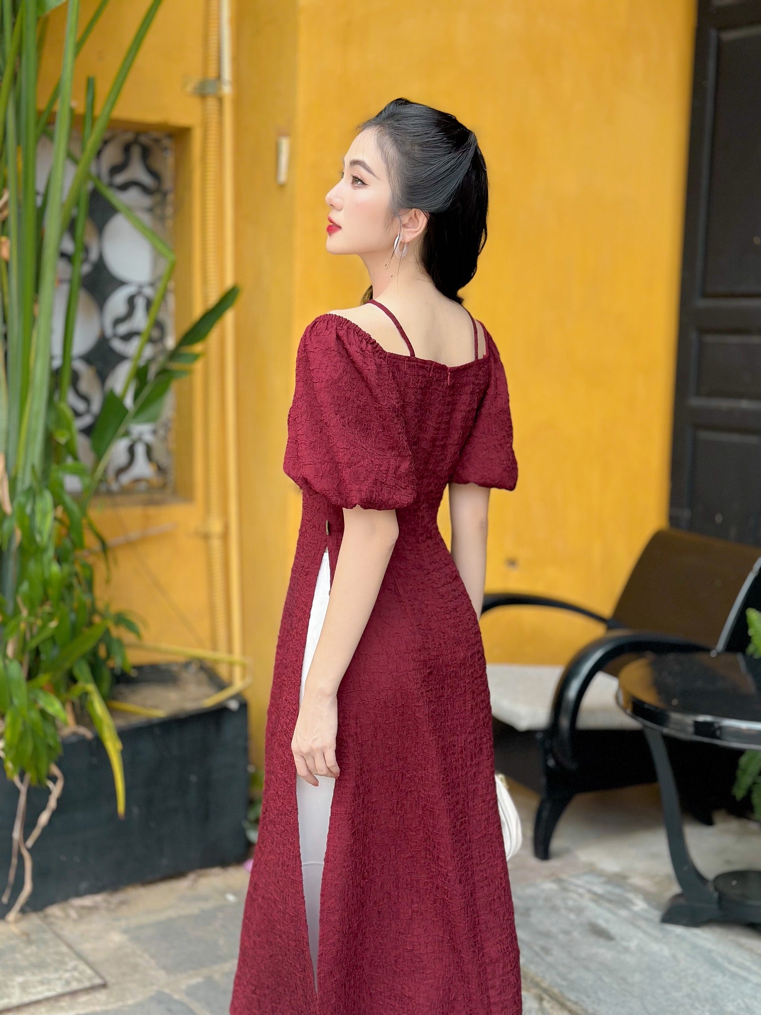 Ao Dai Hi Van Elegant Midi Dress in Shiny Silk Solid Red Burgundy for Casual Wedding Guest Dress Ao Dai