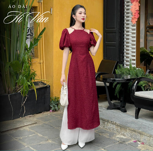 Ao Dai Hi Van / Elegant Midi Dress in Shiny Silk - Solid Red Burgundy for Casual | Wedding Guest Dress Ao Dai