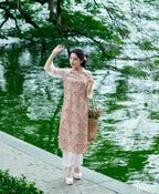 Ao Dai Hong Dao / Elegant Midi Dress in Shiny Silk - 3/4 Sleeve Floral Dress Blouson for Casual | Wedding Guest Dress Ao Dai