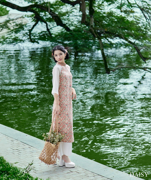 Ao Dai Hong Dao / Elegant Midi Dress in Shiny Silk - 3/4 Sleeve Floral Dress Blouson for Casual | Wedding Guest Dress Ao Dai