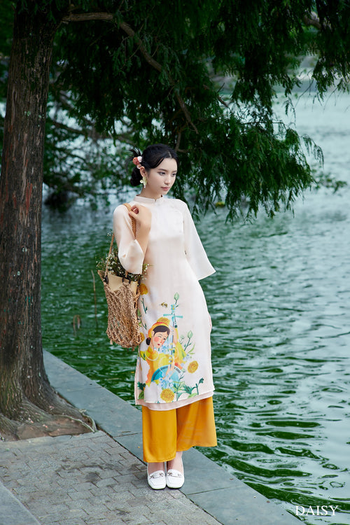 Ao Dai Da Yen / Elegant Midi Dress in Shiny Silk - 3/4 Sleeve w/ Crew Neck Tunic Style for Casual | Wedding Guest Dress Ao Dai