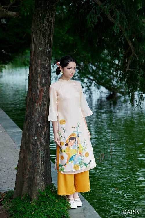 Ao Dai Da Yen / Elegant Midi Dress in Shiny Silk - 3/4 Sleeve w/ Crew Neck Tunic Style for Casual | Wedding Guest Dress Ao Dai