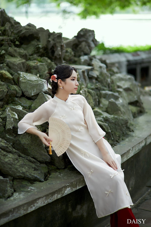 Ao Dai Nguyet Cat / Elegant Midi Dress in Shiny Silk - 3/4 sleeve style for Casual | Wedding Guest Dress Ao Dai