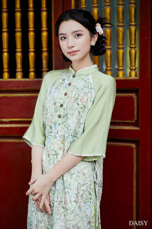 Ao Dai Thach Anh / Elegant Midi Dress in Shiny Silk - 3/4 Sleeve Floral Dress Blouson for Casual | Wedding Guest Dress Ao Dai