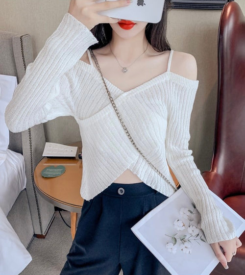 Elegant Women Long Sleeves Top - Front Cami Cross Halter Neck Knitted Off The Shoulder Ribbed Solid Tops | Elegant Basic Fashion Piece